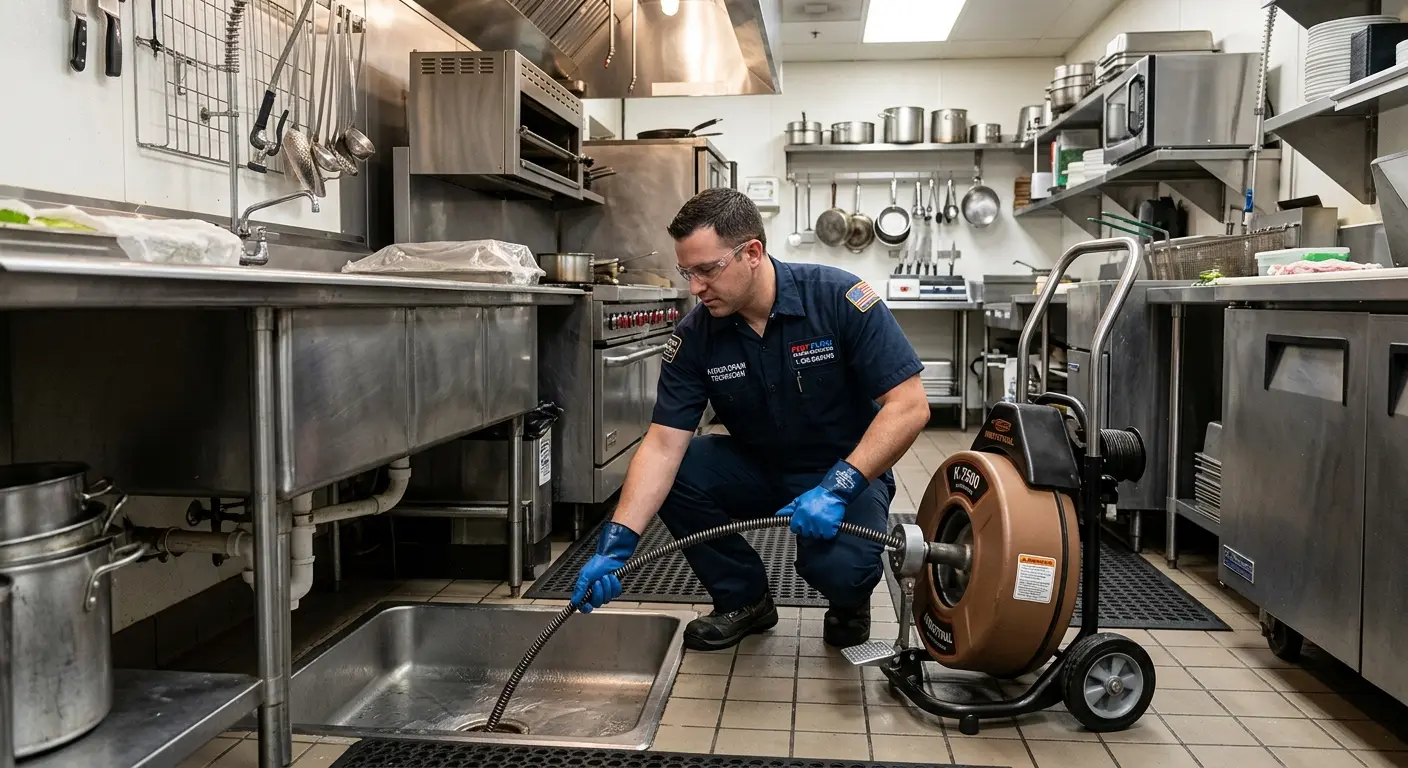 Commercial drain cleaning service in a restaurant kitchen in Socorro