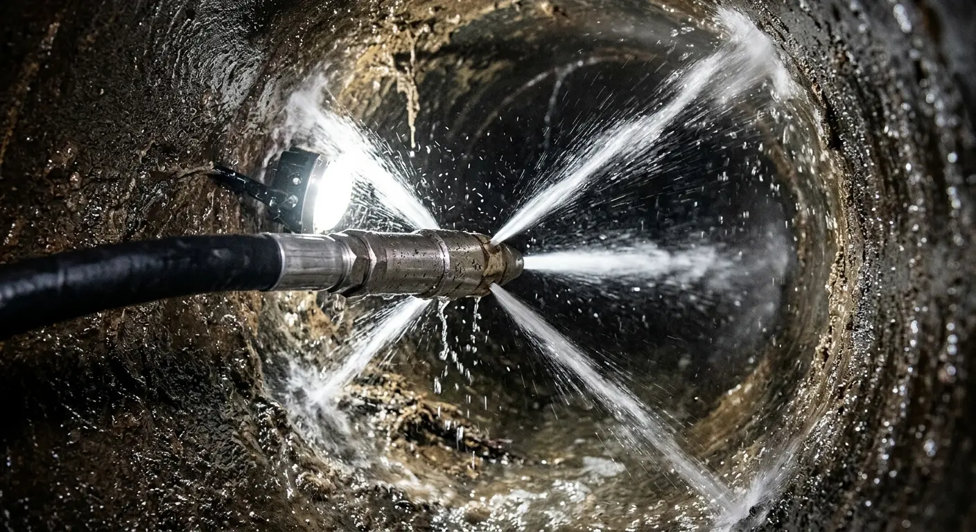 High-pressure hydro jetting nozzle cleaning sewer pipe for Sewer Cleanout in Socorro