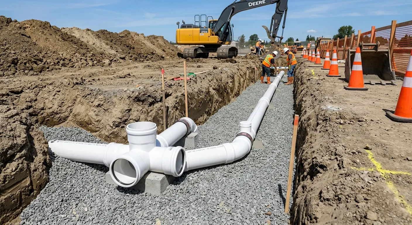New PVC sewer pipe installation in open trench for Grease Trap Cleaning in Socorro