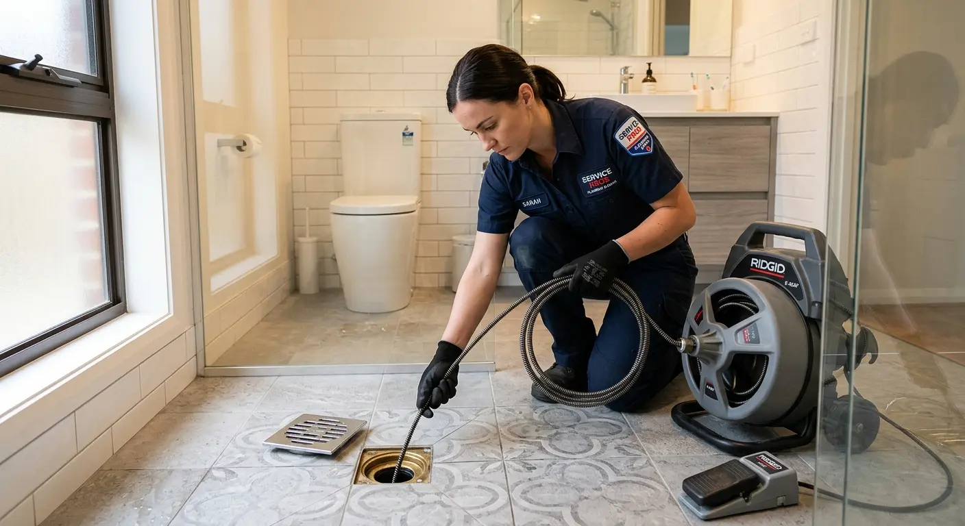 Technician clearing a bathroom floor drain for Hydro Jetting in Socorro
